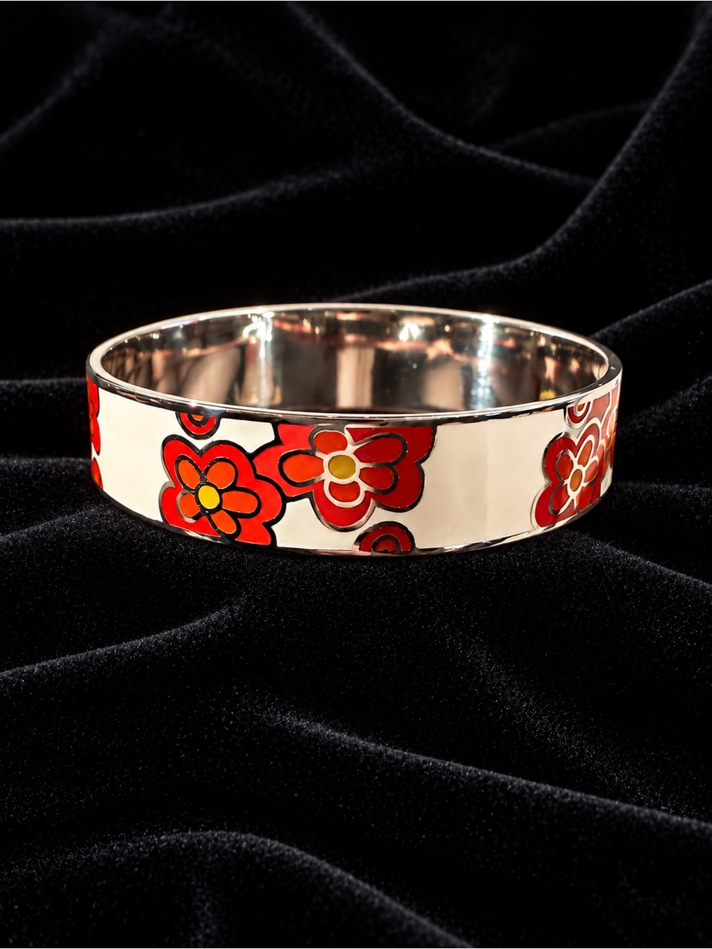 Red White, Orange, and Yellow Floral Enamel Stainless Steel Bangle Bracelet